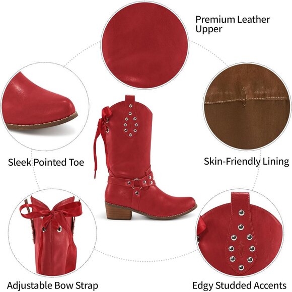 Women's Red Western Leather Mid Calf Fashion Chunky Cowgirl Pointed Toe Boot - Picture 4 of 7
